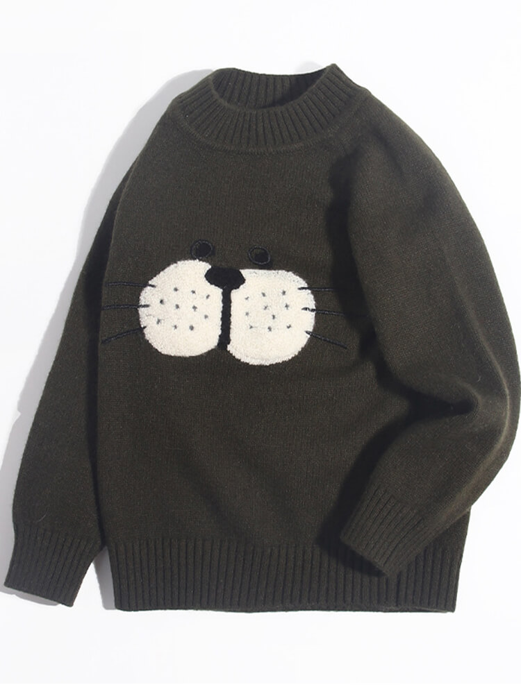 (image for) Kids Cute Whiskered Animal Face Olive Green Cashmere Sweater